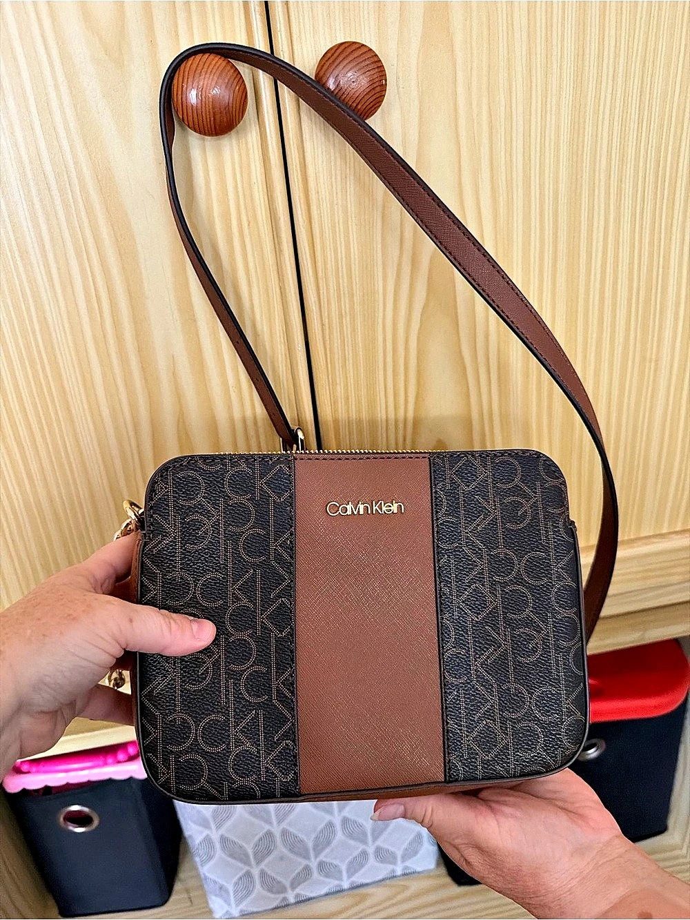 Calvin Klein Brown Mono Logo Camera Bag Crossbody Brown & Black